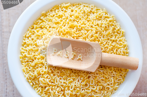 Image of assortment of raw pasta and wheat on wooden background