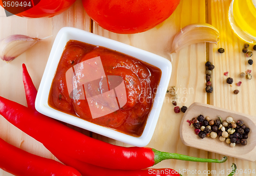 Image of tomato and chilli  sauce in the white bowl