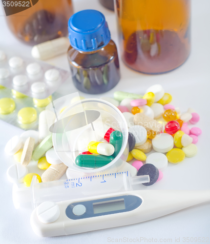 Image of color pills and medical bottle