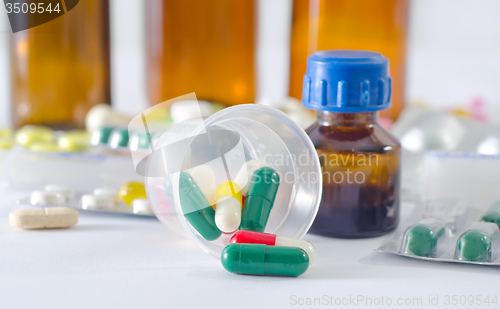 Image of color pills and medical bottle