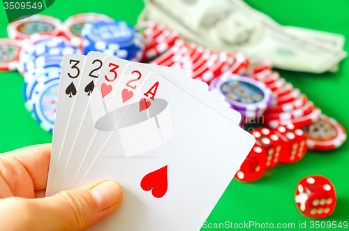 Image of Card for poker in the hand, chips and card for poker