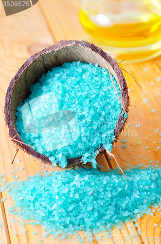 Image of Blue sea salt on the wooden table