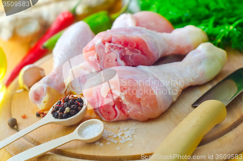 Image of Raw chicken on wooden board, Chicken with spice