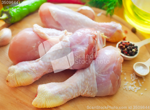 Image of Raw chicken on wooden board, Chicken with spice