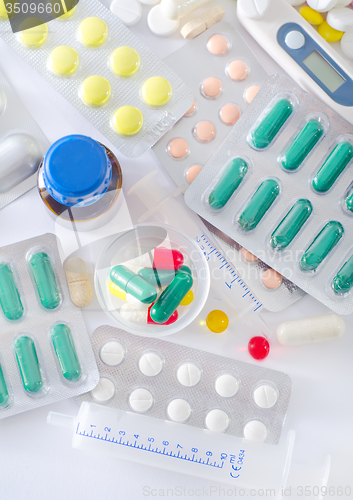 Image of color pills and medical bottle