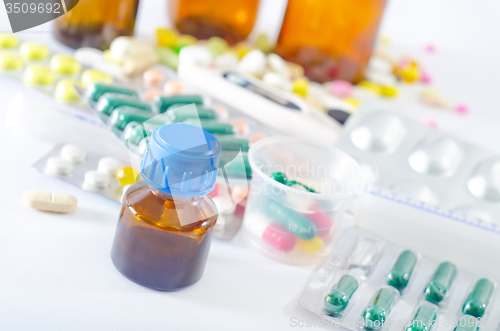 Image of color pills and medical bottle