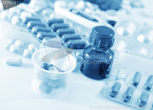 Image of color pills and medical bottle