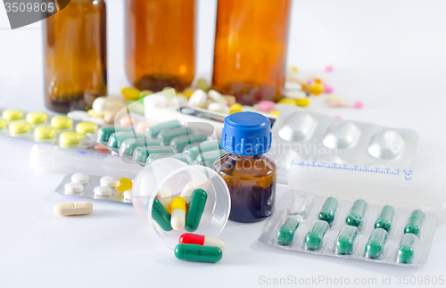 Image of color pills and medical bottle