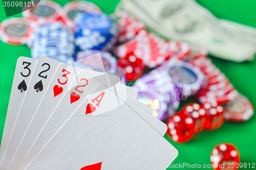 Image of Card for poker in the hand, chips and card for poker