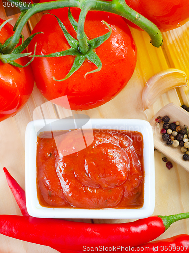 Image of tomato and chilli  sauce in the white bowl