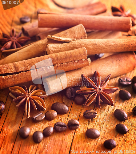 Image of cinnamon, anis and coffee beans on wooden background