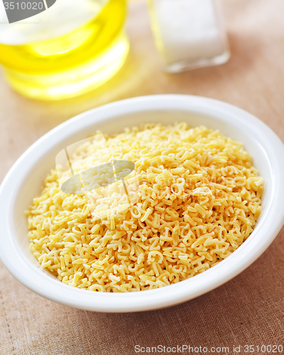 Image of assortment of raw pasta and wheat on wooden background