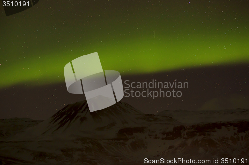 Image of Northern lights with snowy mountains in the foreground