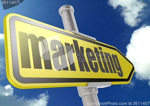 Image of Yellow road sign with marketing word under blue sky