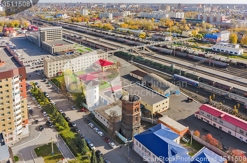 Image of Aerial view onto railway station in Tyumen. Russia