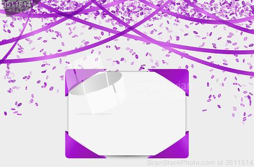 Image of blank paper with purple elements and confetti