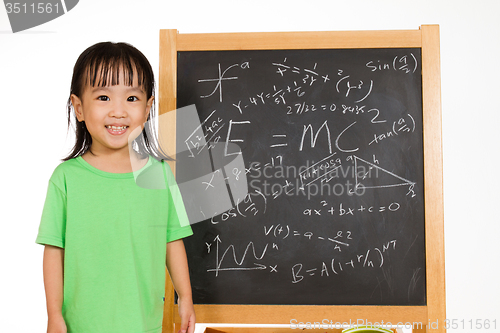 Image of Asian Chinese little girl againts blackboard with formulas