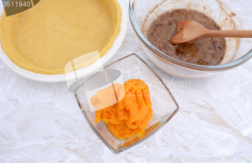 Image of Pie shell with pureed pumpkin and pie filling