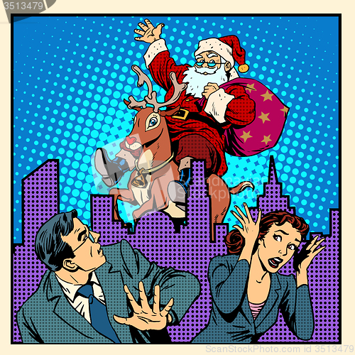 Image of Nightmare holidays Santa Claus on reindeer and panic people