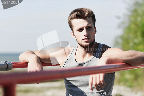 Image of young man exercising on parallel bars outdoors