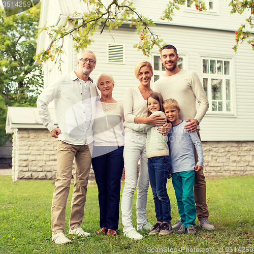 Image of happy family in front of house outdoors