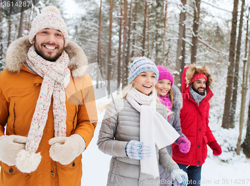 Image of group of smiling men and women in winter forest