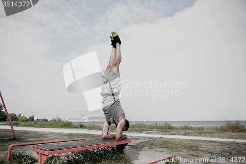 Image of young man exercising on bench outdoors