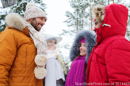 Image of group of smiling men and women in winter forest
