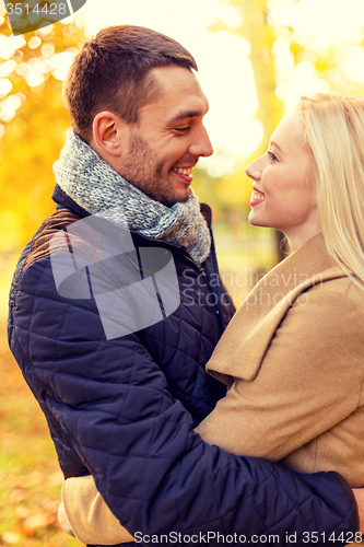 Image of smiling couple hugging in autumn park