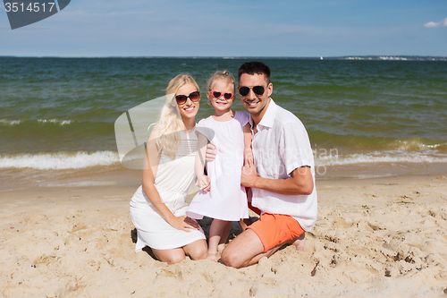 Image of happy family in sunglasses on summer beach