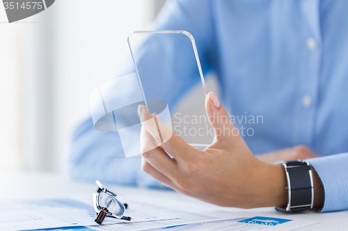 Image of close up of woman with transparent smartphone