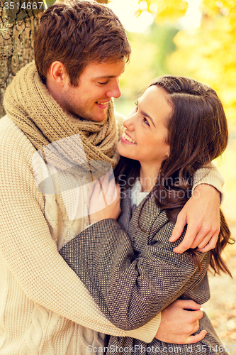 Image of smiling couple hugging in autumn park