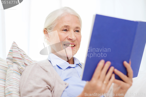 Image of happy smiling senior woman reading book at home