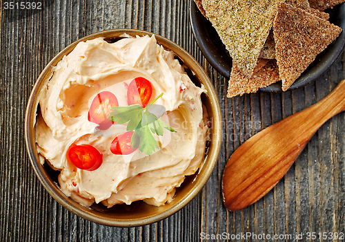 Image of cream cheese with chili and tomato, dip sauce