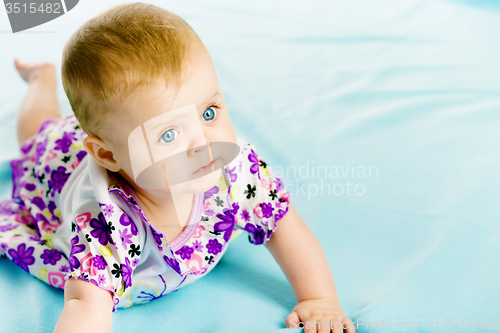 Image of baby girl in a dress creeps on the blue coverlet