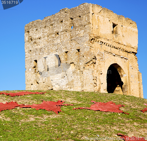 Image of old castle in africa morocco and red leather near the tower