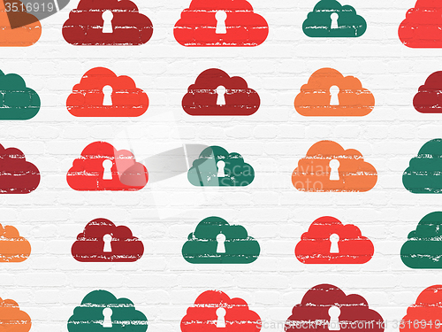 Image of Cloud computing concept: Cloud With Keyhole icons on wall background