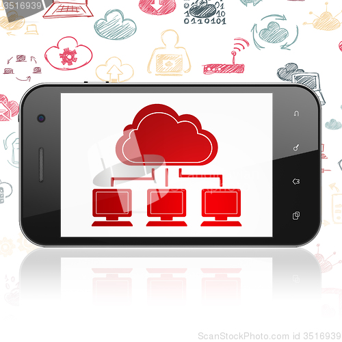 Image of Cloud networking concept: Smartphone with Cloud Network on display