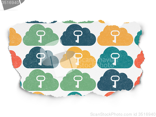 Image of Cloud technology concept: Cloud With Key icons on Torn Paper background