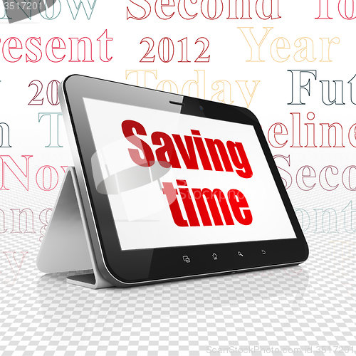 Image of Timeline concept: Tablet Computer with Saving Time on display