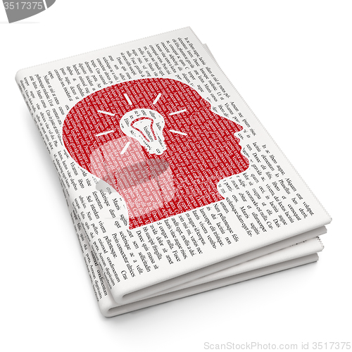 Image of Information concept: Head With Light Bulb on Newspaper background