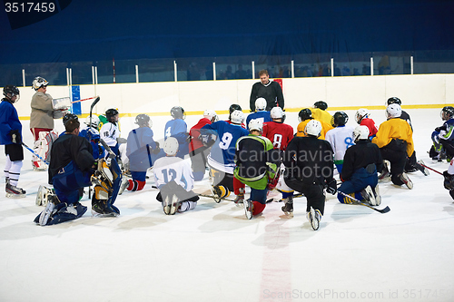 Image of ice hockey players team meeting with trainer