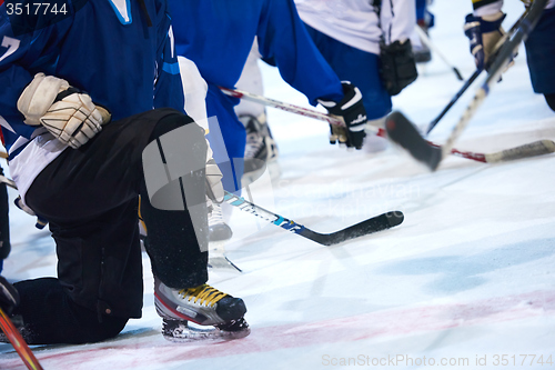 Image of ice hockey players team meeting with trainer