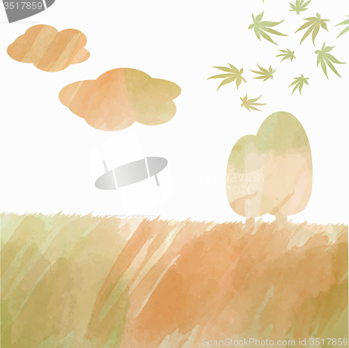 Image of double exposure watercolor autumn landscape