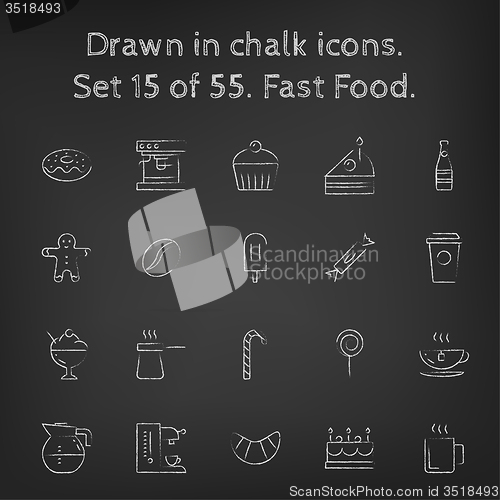 Image of Fast food icon set drawn in chalk.