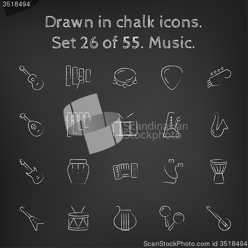 Image of Music icon set drawn in chalk.