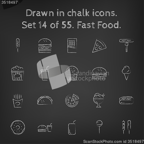 Image of Fast food icon set drawn in chalk.