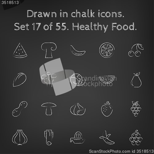 Image of Healthy food icon set drawn in chalk.