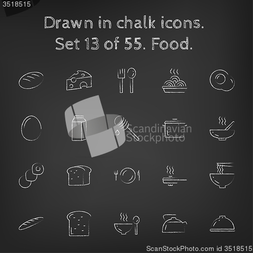 Image of Food icon set drawn in chalk.