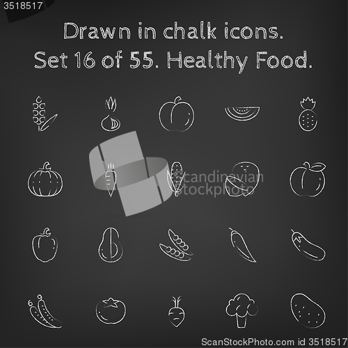 Image of Healthy food icon set drawn in chalk.